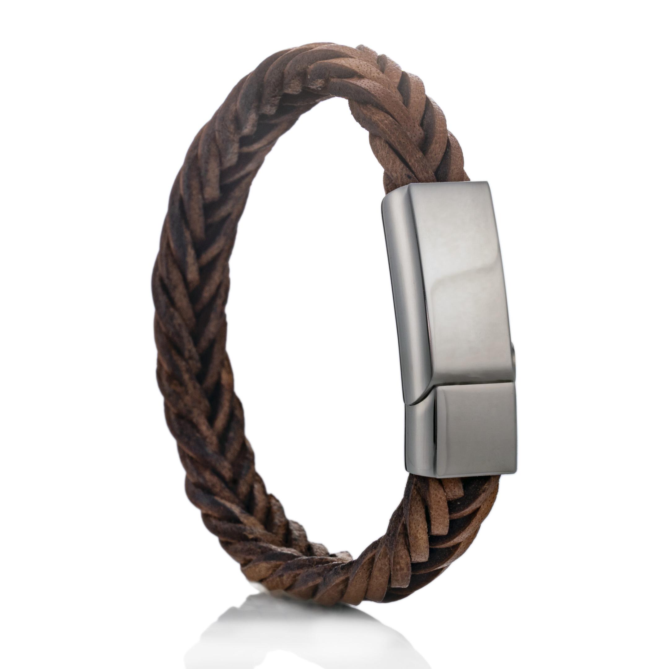 Leren armband met bruin gevlochten leer en edelstalen slot met verborgen askamer, verkrijgbaar in diverse leerkleuren