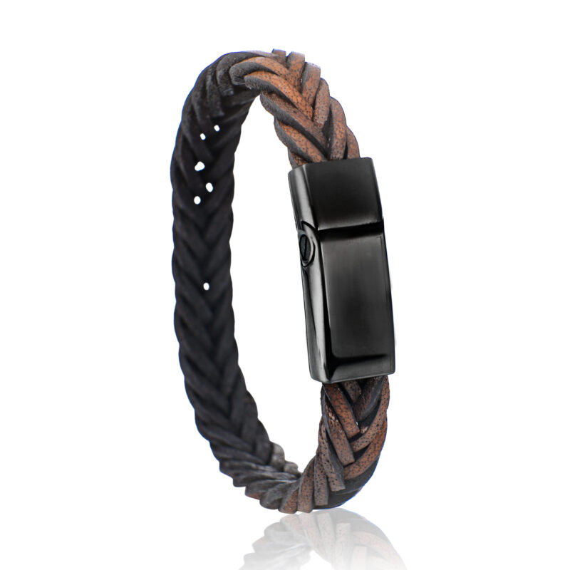 Leren armband met bruin gevlochten leer en edelstalen slot met verborgen askamer, verkrijgbaar in diverse leerkleuren