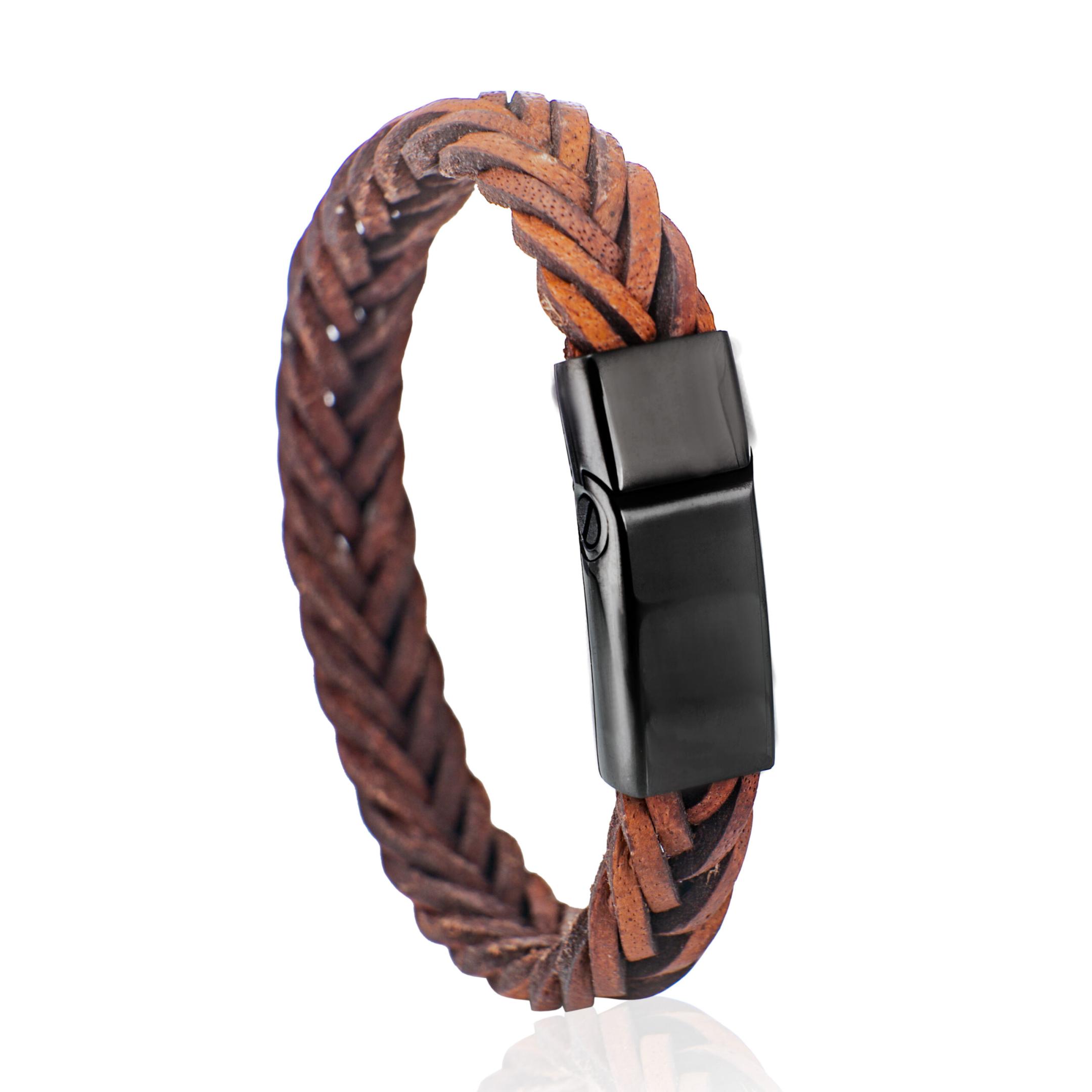 Leren armband met bruin gevlochten leer en edelstalen slot met verborgen askamer, verkrijgbaar in diverse leerkleuren