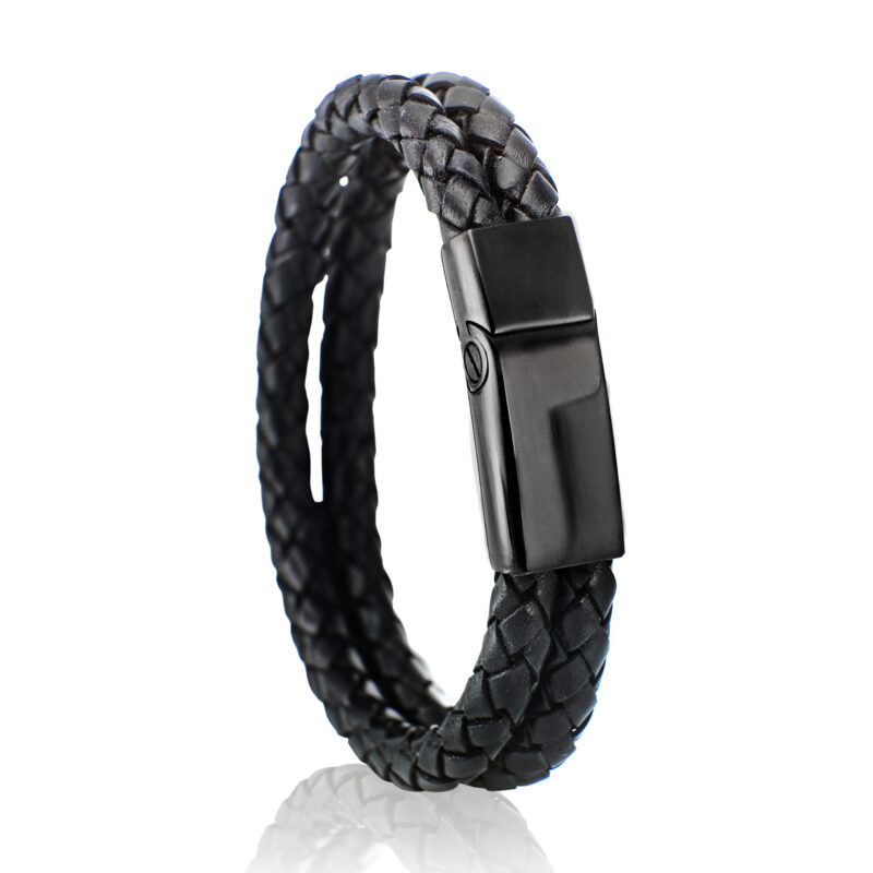 Leren armband met zwart gevlochten leer en edelstalen slot met verborgen askamer, verkrijgbaar in diverse leerkleuren