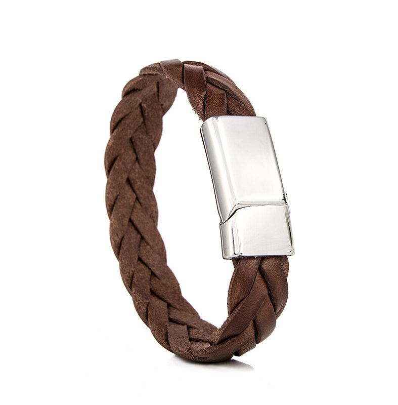 leren armband met askamer met donkerbuin gevlochten leer