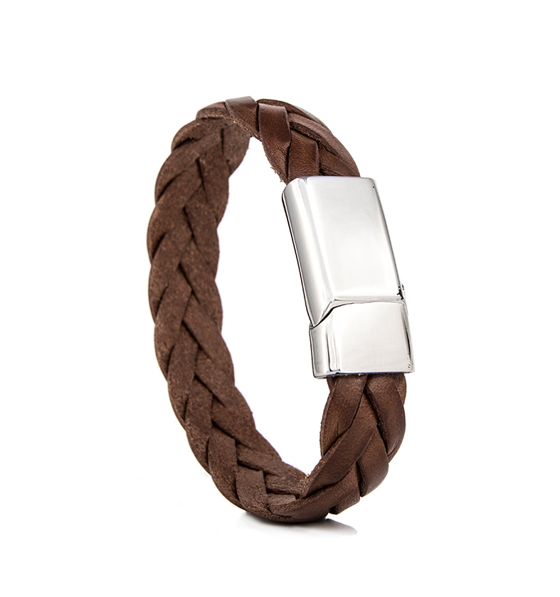 leren armband met askamer met donkerbuin gevlochten leer