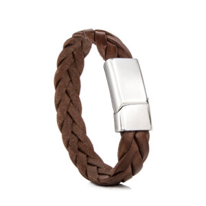 leren armband met askamer met donkerbuin gevlochten leer