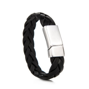 Gevlochten zwarte leren armband met een schuifslot in edelstaal of zilver. Het slot is te personaliseren met een vingerafdruk, handafdruk of pootafdruk als gedenksieraad.