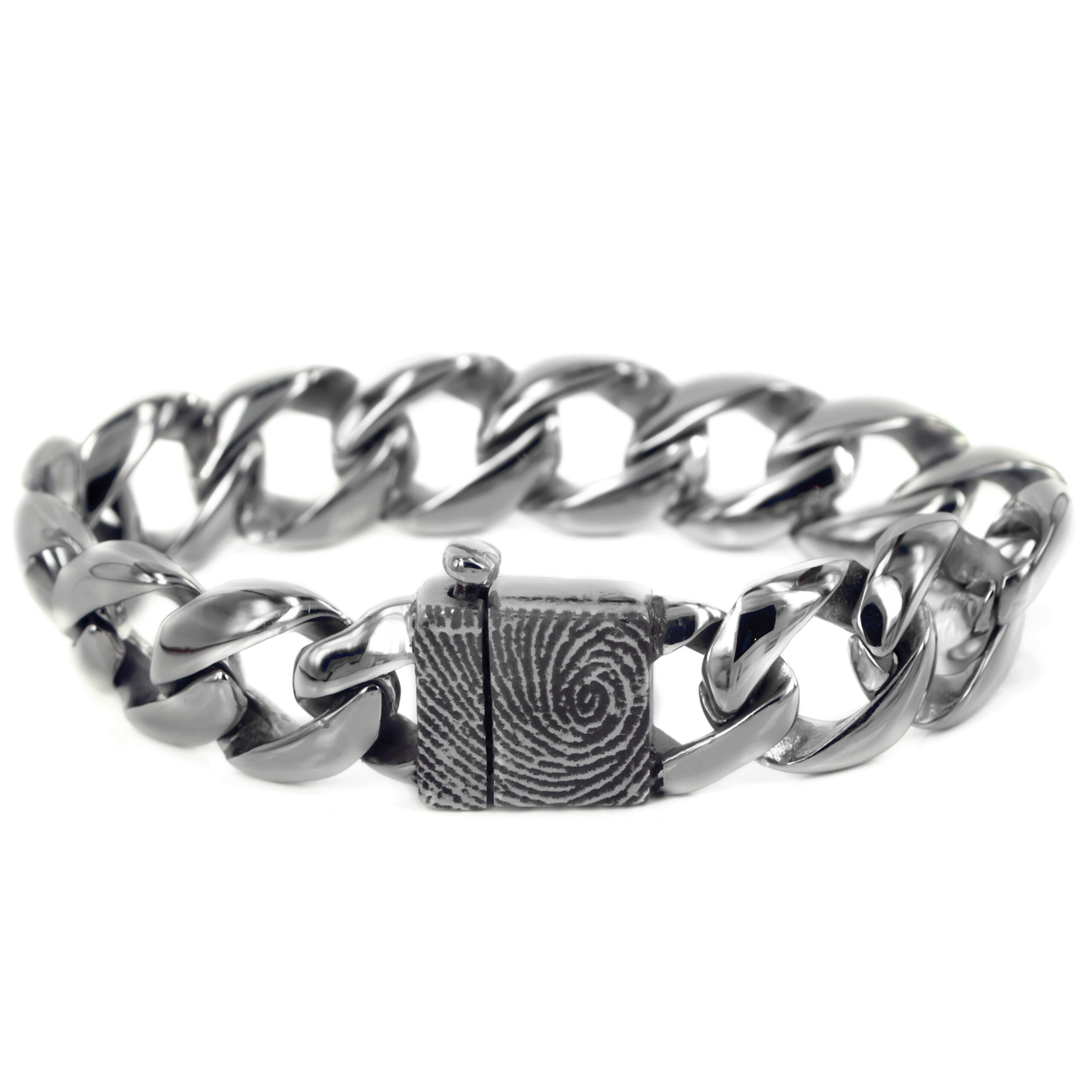 Edelstalen vingerafdruk armband van 17 mm met bakslot en gepersonaliseerde afdruk, glanzende schakels.